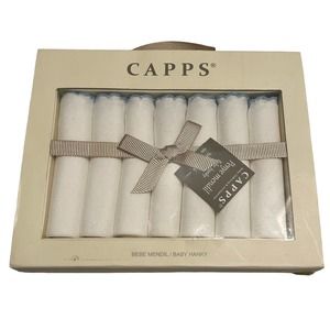 Capps Baby Hanky Gift Box of 7, White with Blue‎ Trim, 100% Cotton NIB